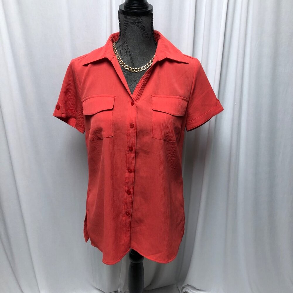 Notations Blouse Womens Size Small Coral Orange Textured Short Sleeve Shirt